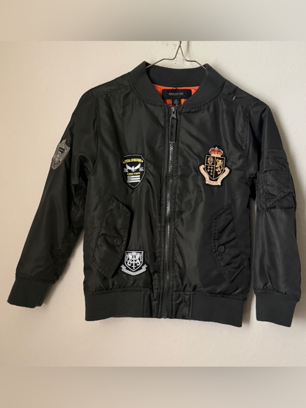 Kids Ring of Fire Black Bomber Jacket with Orange Lining and Embroidered Patches